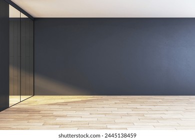 An empty office corridor with wooden flooring, a black wall, and a glass partition, depicting a modern interior design. 3D Rendering