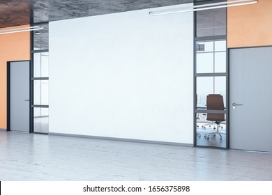 Empty office hall with copy space on white wall and wooden floor. 3D Rendering