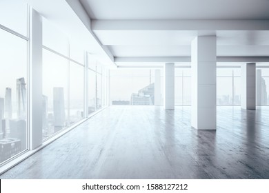 Empty Office Interior With Big Windows And City View, Real Estate Concept. 3D Rendering