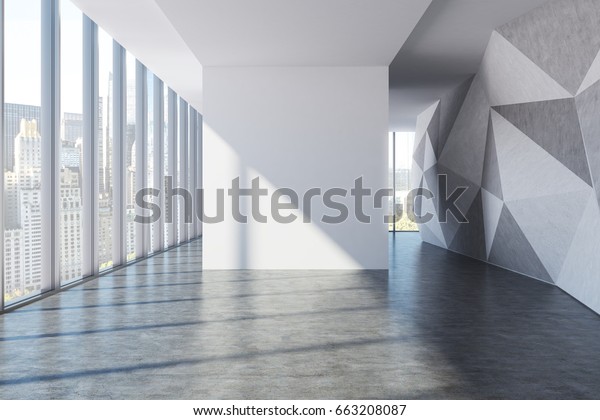 Empty Office Lobby Panoramic Windows Concrete Stock Illustration