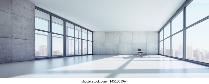 Empty Office Loft In High-rise Building With A View At The Skyline - 3D Illustration