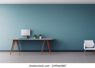 Empty Office Room With A Mock Blue Wall And A Desk For Your Logo. Office Room With A Floor Wall, To Place The Corporate Attributes Of The Company. 3D Office Rendering