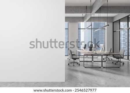 Empty office space with blank wall, sleek design, and large windows. Ideal for mockup or copy space. Modern interior style. 3D Rendering