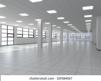 Empty office with white columns and large windows