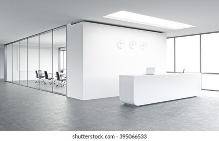 Empty office, white reception at white wall, three clocks on it. Panoramic window right, meeting room behind. Concept of reception. 3D rendering