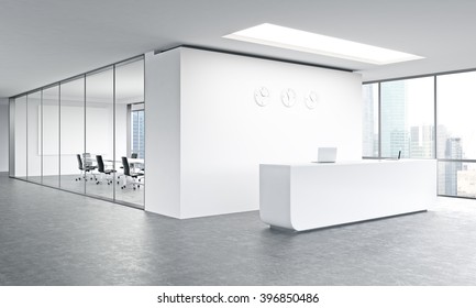 Empty office, white reception at white wall, three clocks on it. Panoramic window right, meeting room behind. Side view. Concept of reception. 3D rendering