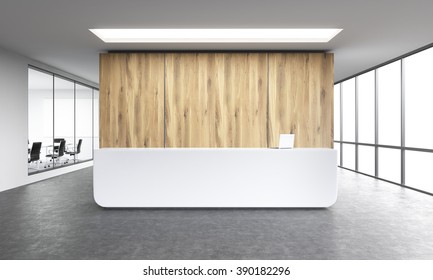 Empty office, white reception at wooden wall. Panoramic window right, meeting room left. Concept of reception. 3D rendering