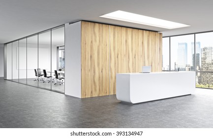 Empty office, white reception at wooden wall. Panoramic window right, meeting room behind. New York. Concept of reception. 3D rendering