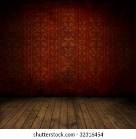 Empty Old Grungy Room With Red Vintage Wallpaper