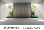 Empty old wood plank wall 3d render,There are concrete floor,Behide the backdrop is a tropical garden,sunlight shine into the room.