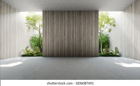 Empty Old Wood Plank Wall 3d Render,There Are Concrete Floor,Behide The Backdrop Is A Tropical Garden,sunlight Shine Into The Room.