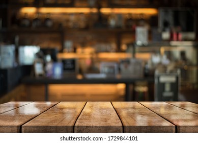 Empty Old Wood Table Top With Bokeh Coffee Shop Interior Background, 3D Rendering