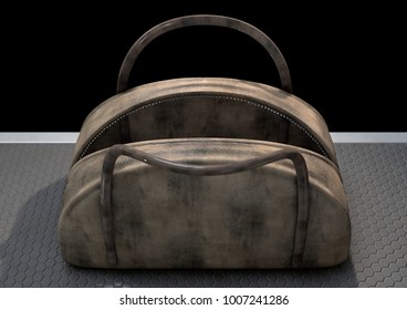 An Empty Open Brown Leather Duffel Bag With A Zipper On A Conveyor Belt - 3D Render