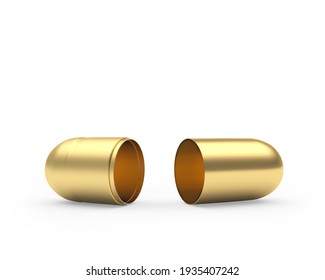 Empty open gold capsule isolated on white. 3d illustration 