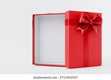 An empty, open red gift box featuring a glossy satin bow on the lid, set against a pristine white background, symbolizing anticipation, possibility, and a special occasion.