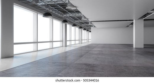 Empty Open Space Office White Wall And Concrete Floor