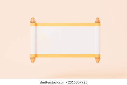 Empty opening scroll on the yellow background, 3d rendering. Digital drawing.