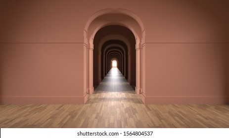 Empty orange architectural interior with infinite arch doors, endless corridor of doorway, walkaway, labyrinth. Move forward, opportunities, business, future, concept with copy space, 3d illustration