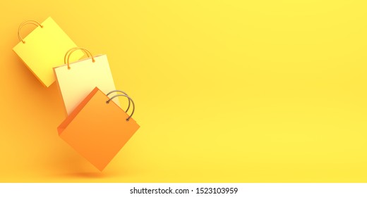 Empty orange color shopping bag on the yellow background, copy space text, Design creative concept for halloween day or autumn sale event. 3D rendering illustration.