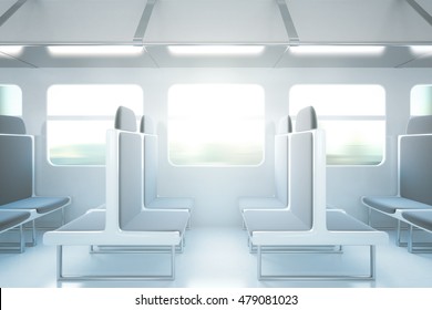 Empty Passenger Train Interior With Grey Seats. Side View, 3D Rendering