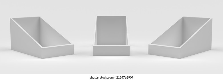 Empty PDQ Display Mock Up. White POS Display Stand For Supermarket.  Packaging Display Tray With 3 Different Angles. 3D Render Illustration. 