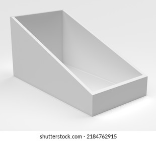 Empty PDQ Display Mock Up. White POS Display Stand For Supermarket. Packaging Display Tray Angles View. 3D Render Illustration. 