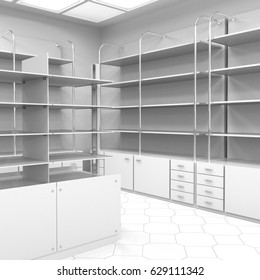 Empty Pharmacy Shelves. 3D Rendering