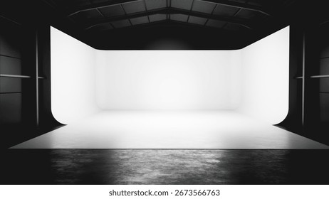 Empty photo studio setup with white cyclorama and concrete floor, ideal for photography and videography projects