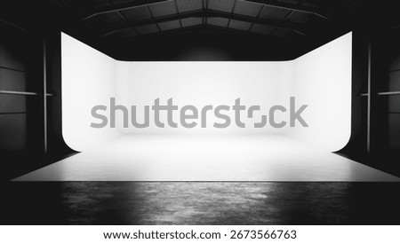 Empty photo studio setup with white cyclorama and concrete floor, ideal for photography and videography projects