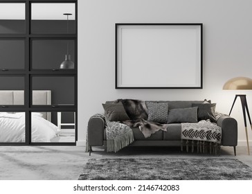 Empty picture frame on white wall in modern living room. Mock up interior in contemporary, loft style. Free, copy space for your picture, poster. Sofa, carpet, lamp, concrete floor. 3D rendering