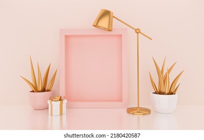 Empty Pink Frame. Golden Floor Lamp, Decorative Flower Pot. Light Sources, Floodlight. Loft Concept.  Template, Mockup. 3d Render Image Copy Space For Text.