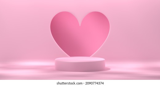 Empty pink studio. Podium and heart. Background for product visualization, copy space. 3d rendering.