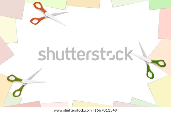 Empty place background with white and color yellow\
green red paper and frame with blank note paper corners and and\
scissors. Place for text or illustration. Front view. illustration\
stock .