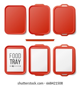 Empty Plastic Tray Salver Set. Rectangular Red Plastic Tray Salver With Handles. Top View. Tray Isolated