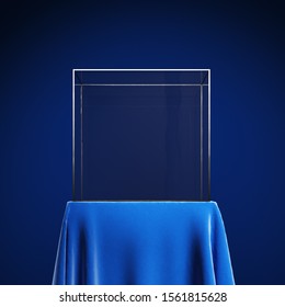 Empty Podium With Blue Cloth And Glass Display Case. 3d Illustration