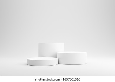 Empty Podium Or Pedestal Display On White Background With Cylinder Stand Concept. Blank Product Shelf Standing Backdrop. 3D Rendering.