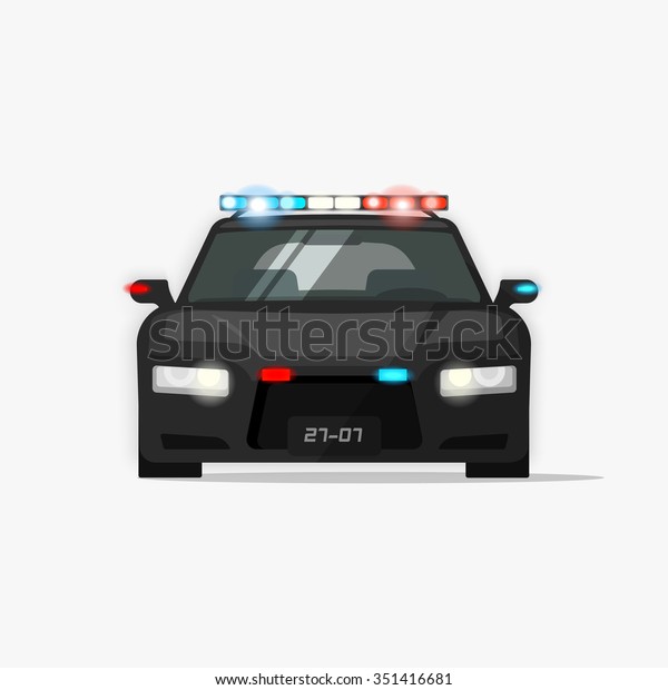 Empty police car illustration, high performance cop
auto, urban police cruiser patrols, security emergency automobile
icon with flashing lights, modern poster concept, sticker isolated
on white image