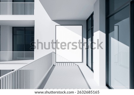 Empty poster design template on a white wall of a contemporary balcony with railing shadows, in a minimalist architectural setting. 3D Rendering