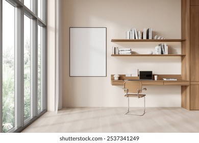 Empty poster frame on wall next to a modern home office desk with bookshelves, on a neutral background. Concept of minimal office layout. 3D Rendering
