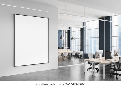 Empty poster mockup frame on clean white wall in modern office interior with glass-walled meeting room and large windows in background. 3D Rendering