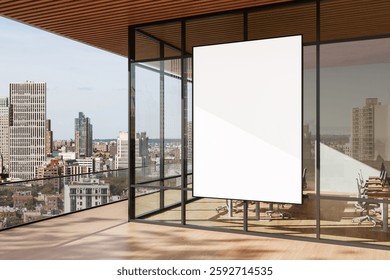 Empty poster on glass wall in modern office, realistic style, cityscape background. Concept of branding. 3D Rendering