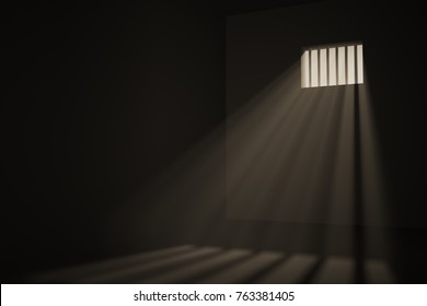 Empty prison cell. Light rays shining through window in jail. 3D rendered illustration.