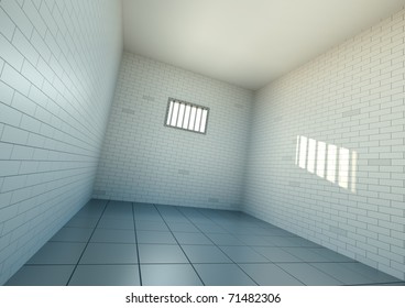 Empty prison cell, wide angle view. 3D rendered image.