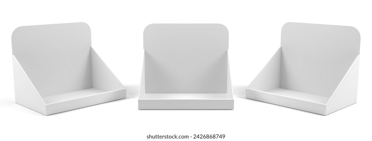 Empty Product Display Tray, POP, PDQ Display Box With Three Different View, 3D Render Illustration. 