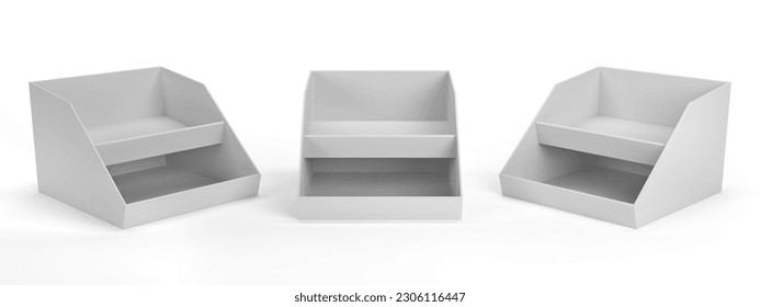 Empty Product Display Tray. Two Tier Counter PDQ Display Stand. PDQ Display Box With Three Different View. 3D Render Illustration. 