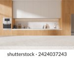 Empty quartz table on blurred background of stylish home kitchen interior, cooking space with kitchenware and stove. Mock up copy space for product display. 3D rendering