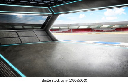 Empty Race Car Garage With International Race Track Background , Mixed Media , 3D Rendering .