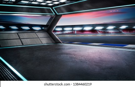 Empty Race Car Garage With International Race Track Background , Night Scene, Mixed Media , 3D Rendering .