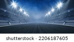 Empty racing track and floodlights illuminated sport stadium at night. Professional digital 3d illustration of racing sports.