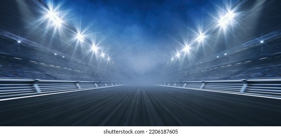 Empty racing track and floodlights illuminated sport stadium at night. Professional digital 3d illustration of racing sports.